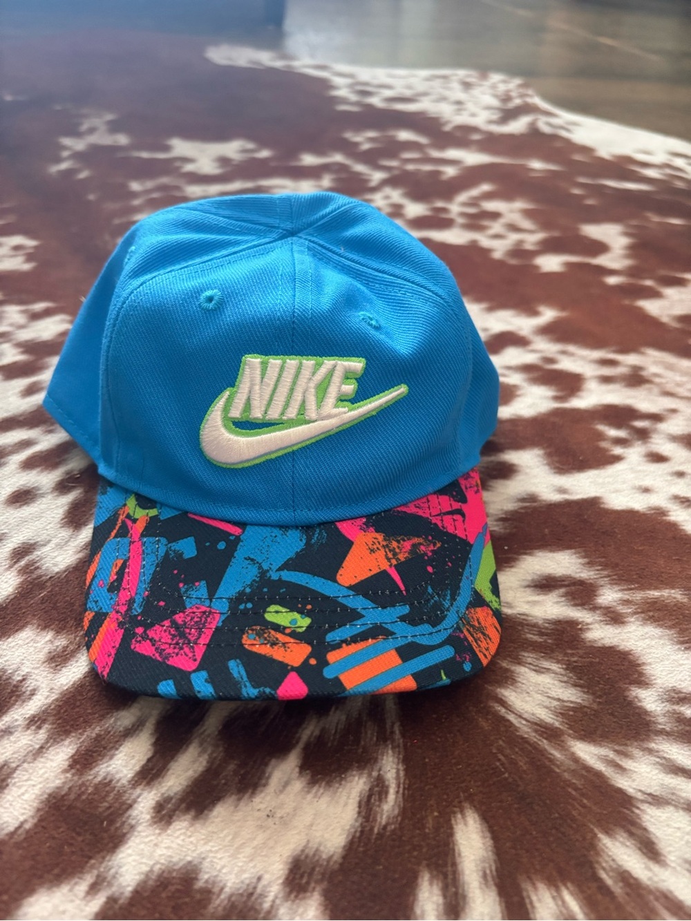 Nike Kids Bright Blue Snapback Hat with Colorful Print Brim